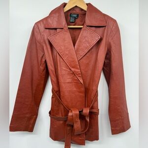 Vtg 90s Cami International Cognac Leather Belted Jacket Womens Crop Trench SZ M